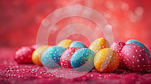 Colorful Easter eggs on red background