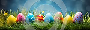 Colorful Easter eggs in a row, decorated with spring flowers and long grass, with bright green bokeh background