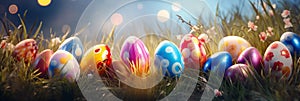 Colorful Easter eggs in a row, decorated with spring flowers and long grass, with bright green bokeh background
