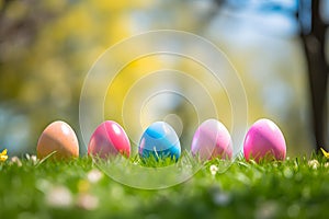 Colorful easter eggs in a row on grass with blurry spring scene in background