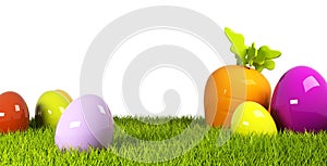 Colorful easter eggs in a row on green grass 3d rendering