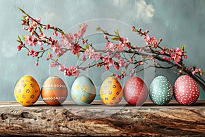 Colorful easter eggs in a row with spring blossom branches on wooden table. Easter scene.