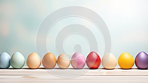 Colorful Easter eggs in a row on a wooden table, blue light background.