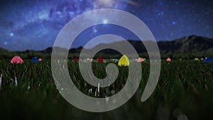 Colorful Easter eggs scattered on a green meadow against starry sky, panning