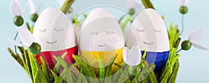 Colorful Easter eggs set, Cute funny painted Easter eggs in backet, banner, congratulation concept, kindergarten, daycare, school