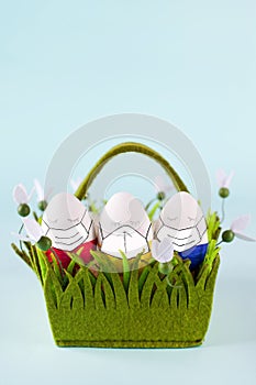 Colorful Easter eggs set, Cute funny painted Easter eggs in backet, banner, congratulation concept, kindergarten, daycare, school