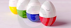 Colorful Easter eggs set, Cute funny painted Easter eggs on light background, banner, congratulation concept, kindergarten,