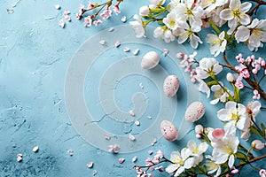 Colorful Easter eggs with spring blossom flowers over blue background