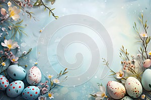 Colorful Easter Eggs and Spring Flowers Background