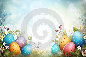 Colorful Easter Eggs and Spring Flowers Background