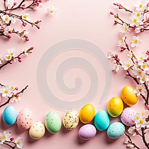 Colorful easter eggs and spring flowers on pastel pink background. AI generated