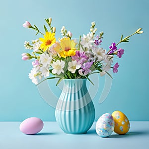 Colorful easter eggs and spring flowers in vase on blue background