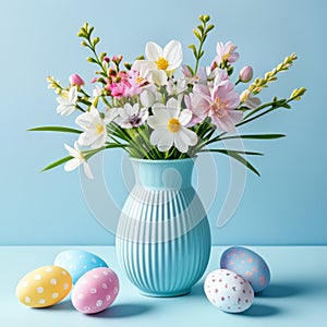 Colorful easter eggs and spring flowers in vase on blue background