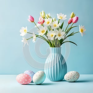 Colorful easter eggs and spring flowers in vase on blue background