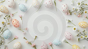 Colorful Easter eggs and spring flowers on a white background