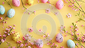 Colorful easter eggs and spring flowers on yellow background, flat lay