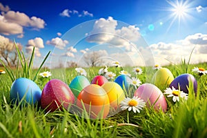 Colorful Easter Eggs in Spring Grass Meadow with Blue Sky