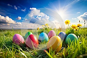 Colorful Easter Eggs in Spring Grass Meadow with Blue Sky