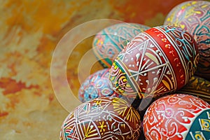 Colorful Easter eggs stacked on a table, vibrant and eyecatching