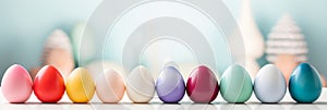 Colorful easter eggs standing in a row for easter celebration and festive decor concept