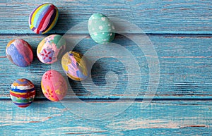 Colorful Easter eggs on table. Easter festive holidays concept