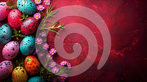 Colorful Easter eggs on textured dark red background