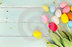 Colorful Easter eggs with tulip flower on rustic wooden planks background