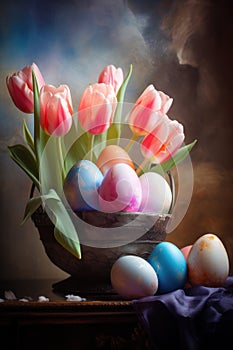 Colorful Easter eggs and tulip flowers against blurred background. Easter decoration.