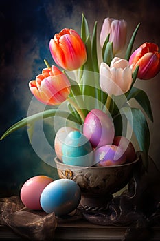 Colorful Easter eggs and tulip flowers against blurred background. Easter decoration.