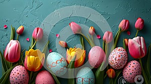 Colorful easter eggs with tulips - generative ai