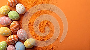 Colorful Easter eggs on a vibrant orange background with copious space for text