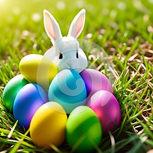 Colorful easter eggs and white easter bunny on green grass background with copyspace. Generative AI