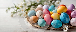 Colorful Easter eggs on white wooden table.
