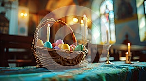 Colorful Easter eggs in a wicker basket and burning candles in the solemn atmosphere of the church