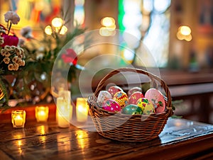 Colorful Easter eggs in a wicker basket and burning candles in the solemn atmosphere of the church