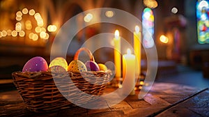 Colorful Easter eggs in wicker basket and burning candles on the table in the church