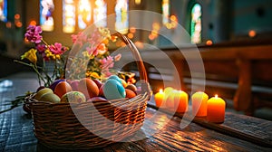 Colorful Easter eggs in wicker basket and burning candles on the table in the church