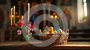 Colorful Easter eggs in wicker basket and burning candles on the table in the church