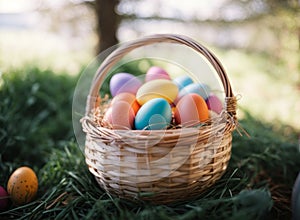 Colorful Easter eggs in a wicker basket in forest background. Colored Egg Holiday background. Easter banner or postcard