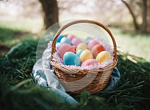 Colorful Easter eggs in a wicker basket in forest background. Colored Egg Holiday background. Easter banner or postcard
