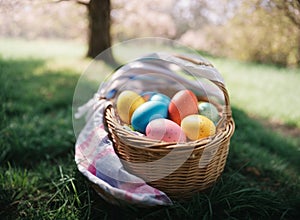 Colorful Easter eggs in a wicker basket in forest background. Colored Egg Holiday background. Easter banner or postcard