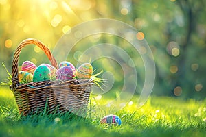 Colorful Easter eggs in a wicker basket on green grass. Easter concept.