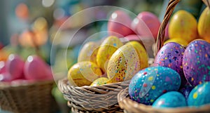Colorful Easter Eggs in Wicker Baskets: A Festive Springtime Display