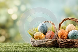 Colorful Easter Eggs in Wicker Baskets on Grass With Blurred Background During Springtime