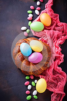 Colorful Easter eggs and wicker bread