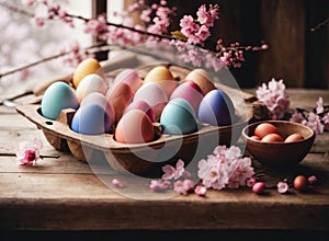 Colorful Easter eggs on wooden table with pink blooming apple branch. Colored Egg Holiday background. Easter banner or postcard