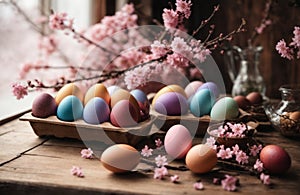 Colorful Easter eggs on wooden table with pink blooming apple branch. Colored Egg Holiday background. Easter banner or postcard