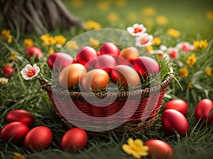 colorful easter eggs in woven basket springtime nature landscape with wild flowers and green grass