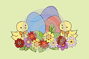 Colorful Easter greeting card with cute chick, easter eggs and many spring flowers