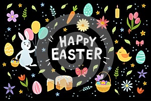 Colorful Easter greeting card with letterin flowers eggs rabbit elements composition. black background